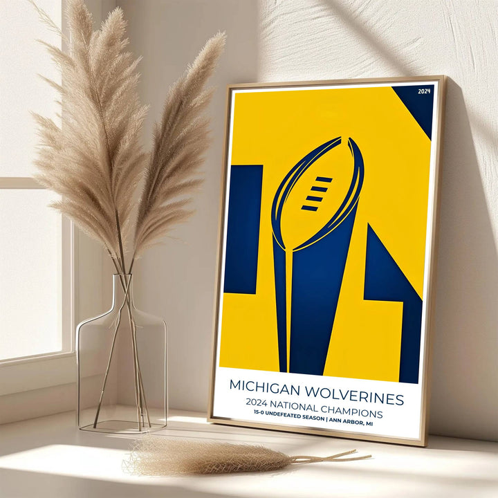 Scenic sports graphic poster of Michigan Football 2024 National Champions rendered in a mid-century vector aesthetic. Developed by MapYourDreams, this artwork is available in flexible options including unframed paper, custom wooden frames, and gallery canvas wraps for hallway wall decor.