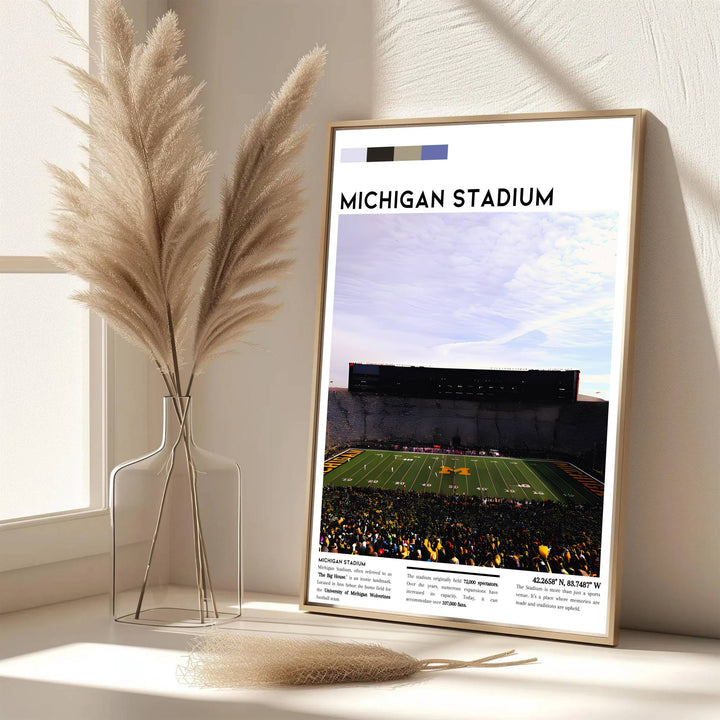 Scenic college football poster of Michigan Stadium rendered in a crisp modern exhibition art aesthetic. Developed by MapYourDreams, this artwork is available in flexible options including unframed paper, custom wooden frames, and gallery canvas wraps for hallway wall decor.
