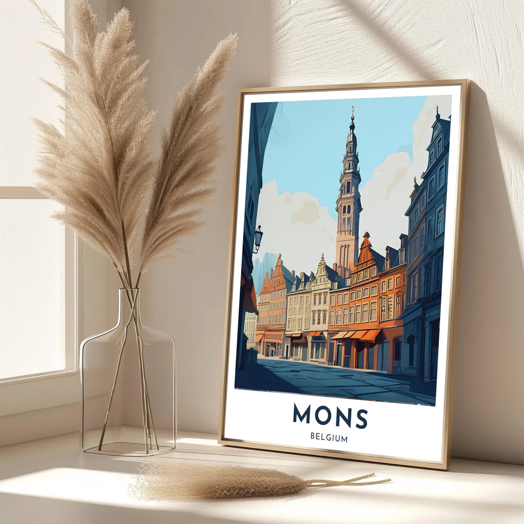 A vintage style geographic travel print showing historic step-gabled buildings and streetscapes in Mons, Belgium. Offered in flexible choices such as unframed archival poster paper, custom wood framing, and gallery canvas wraps.