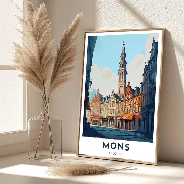 A vintage style geographic travel print showing historic step-gabled buildings and streetscapes in Mons, Belgium. Offered in flexible choices such as unframed archival poster paper, custom wood framing, and gallery canvas wraps.