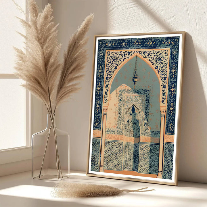Scenic Spain architecture poster of Moorish keyhole arch rendered in vibrant sapphire blue tones and warm terracotta contrast. Developed by MapYourDreams, this artwork is available in flexible options including unframed paper, custom wooden frames, and gallery canvas wraps for hallway wall decor.