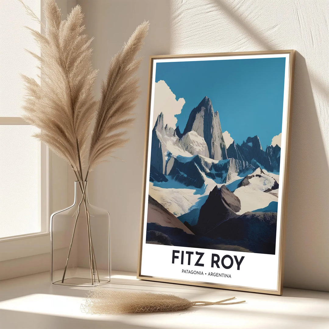 Scenic travel poster displaying the world-famous Mount Fitz Roy skyline in a minimalist slate blue and white color palette. Handpicked for the MapYourDreams catalog, this artwork is available in flexible styles including unframed paper prints, wooden frames, or gallery canvas.