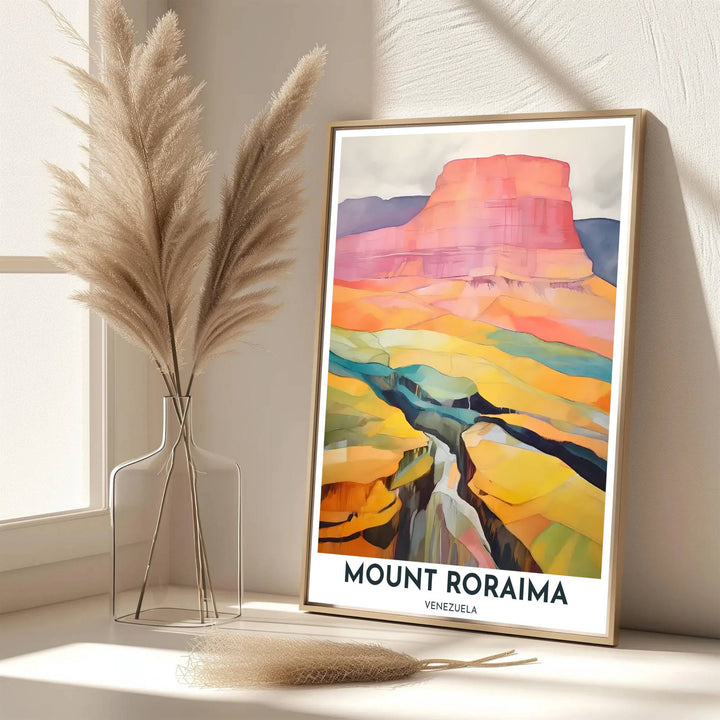 Scenic travel poster displaying the world-famous Mount Roraima tepui in a vibrant abstract color palette. Handpicked for the MapYourDreams catalog, this artwork is available in flexible styles including unframed paper prints, wooden frames, or gallery canvas.