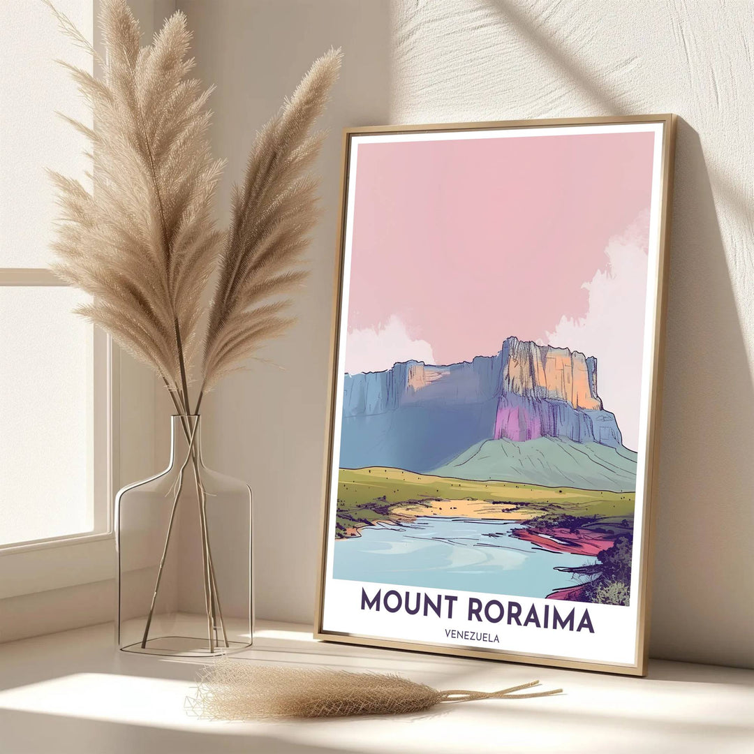 Scenic travel poster displaying the world-famous Mount Roraima tepui in a serene pastel sunset color palette. Handpicked for the MapYourDreams catalog, this artwork is available in flexible styles including unframed paper prints, wooden frames, or gallery canvas.