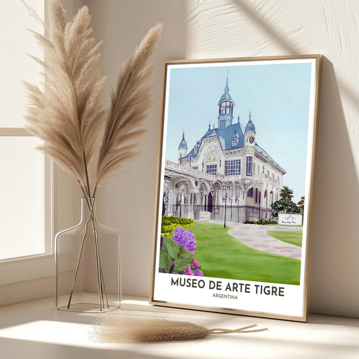 Scenic travel poster displaying the world-famous Museo de Arte Tigre in a refined pastel watercolor aesthetic. Handpicked for the MapYourDreams catalog, this artwork is available in flexible styles including unframed paper prints, wooden frames, or gallery canvas.