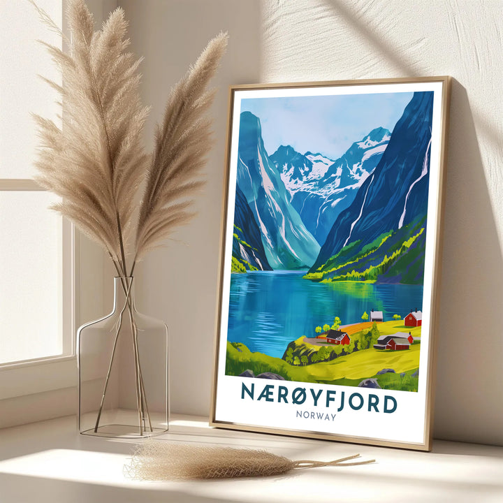 Coastal Scandinavian landscape art depicting the idyllic summer fjord shore in Nærøyfjord Norway with crisp vector lines and rich green tones. Bring Nordic calm into your living area with this print available in classic unframed print paper, gallery wrapped canvas panels, or fully assembled framed displays.