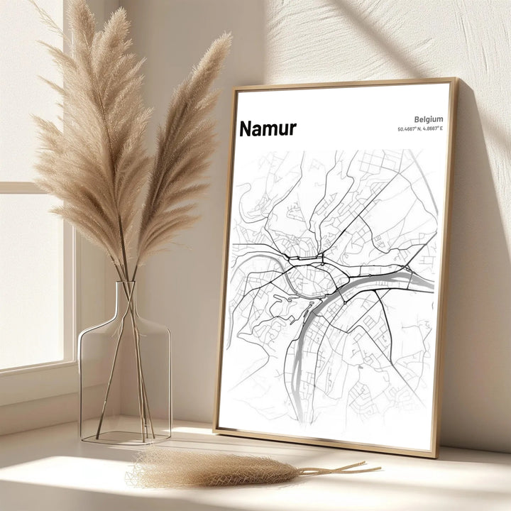 Elegant minimalist map wall poster of Namur, Belgium, offering a timeless visual connection to Belgian travel memories and regional heritage. Offered by MapYourDreams, this artwork is available in flexible options including unframed paper, custom wooden frames, and gallery canvas wraps.