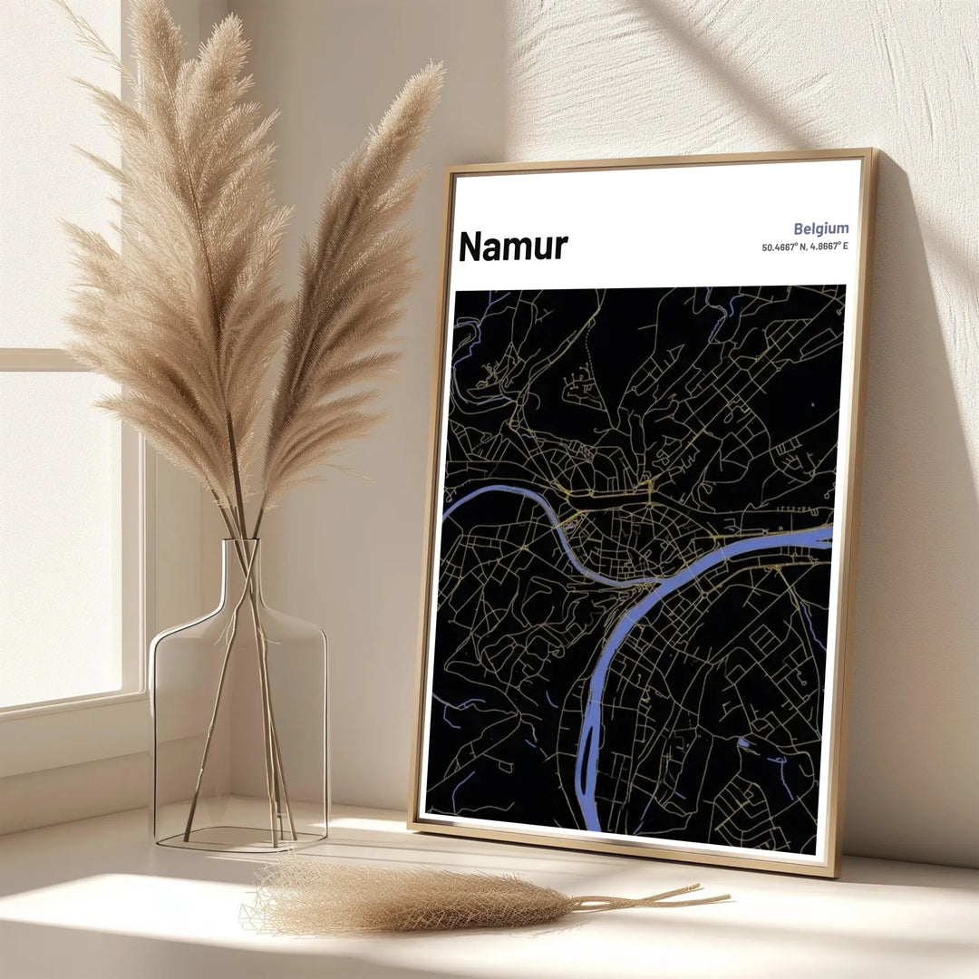 Luxurious dark mode map wall poster of Namur, Belgium, bringing a dramatic geographic accent and travel memory to your living space. Offered by MapYourDreams, this artwork is available in flexible options including unframed paper, custom wooden frames, and gallery canvas wraps.
