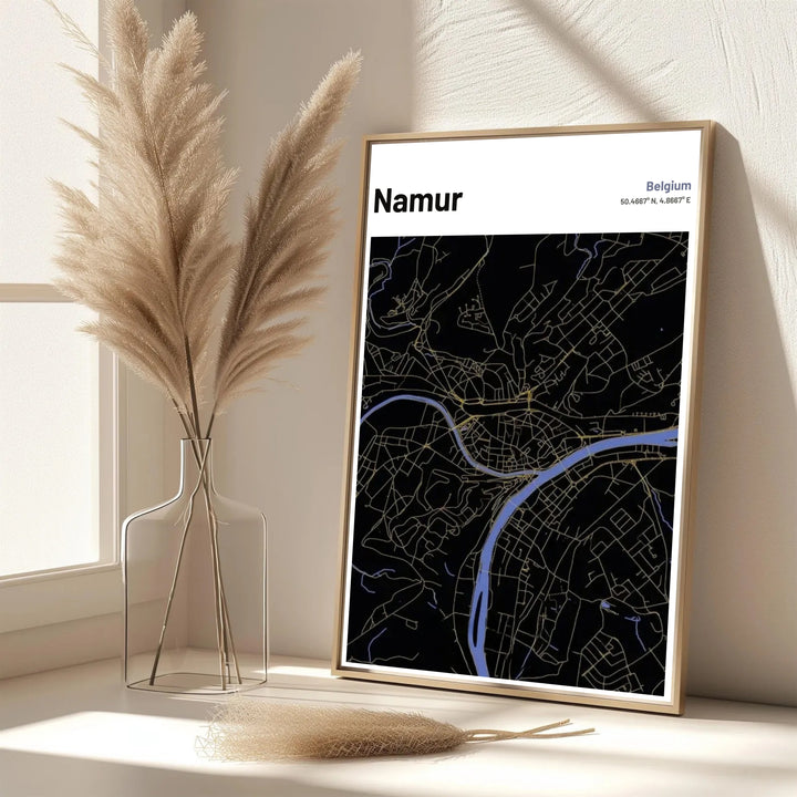 Luxurious dark mode map wall poster of Namur, Belgium, bringing a dramatic geographic accent and travel memory to your living space. Offered by MapYourDreams, this artwork is available in flexible options including unframed paper, custom wooden frames, and gallery canvas wraps.