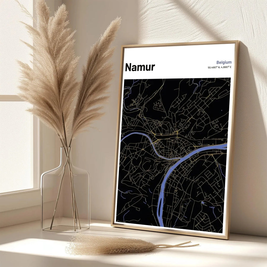 Luxurious dark mode map wall poster of Namur, Belgium, bringing a dramatic geographic accent and travel memory to your living space. Offered by MapYourDreams, this artwork is available in flexible options including unframed paper, custom wooden frames, and gallery canvas wraps.