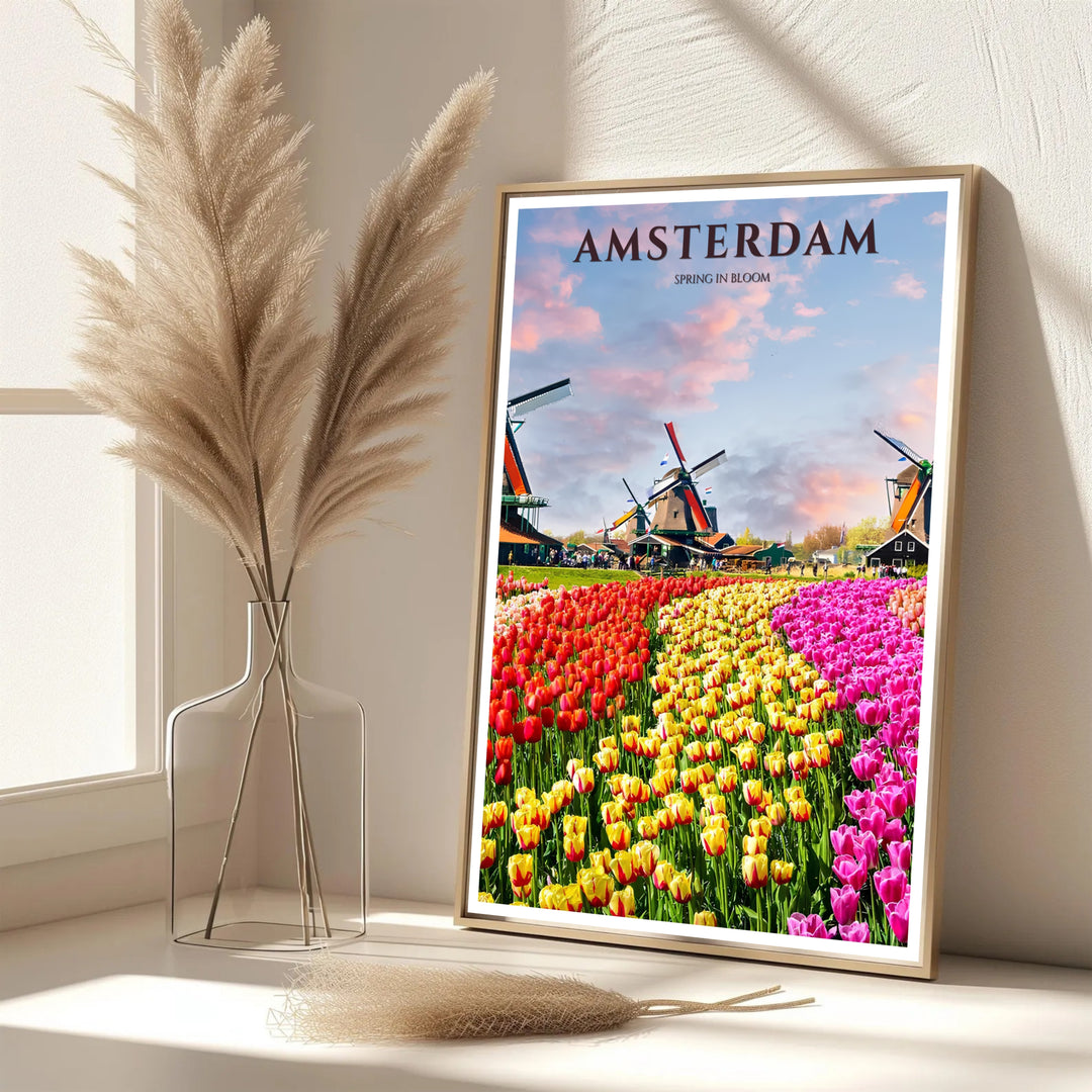 Elegant floral print featuring colorful rows of Dutch tulips and serene windmill silhouettes in the Netherlands, provided by MapYourDreams with options for an unframed paper print, a gallery wrapped canvas, or a custom framed presentation style for lovers of European nature art.