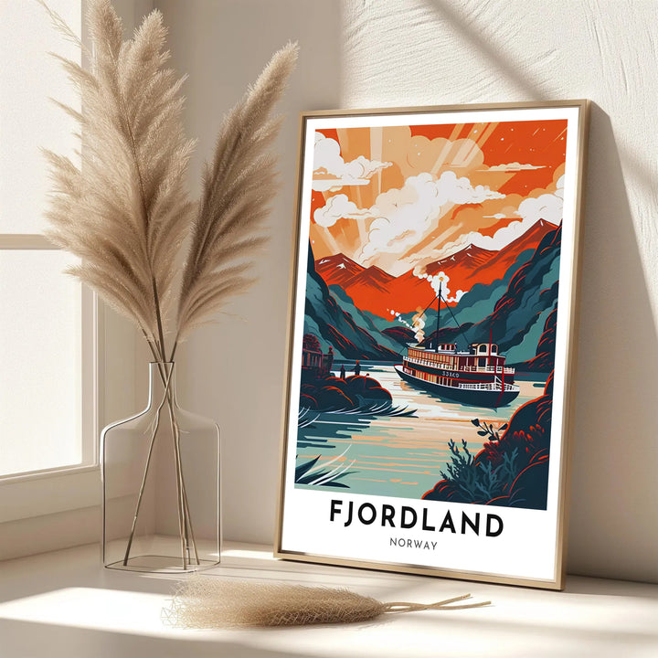 Vintage travel illustration depicting a steamboat navigating a deep Norwegian fjord under glowing sunset skies. Bring retro Scandinavian charm into your living area with this print available in classic unframed print paper, gallery wrapped canvas panels, or fully assembled framed displays.