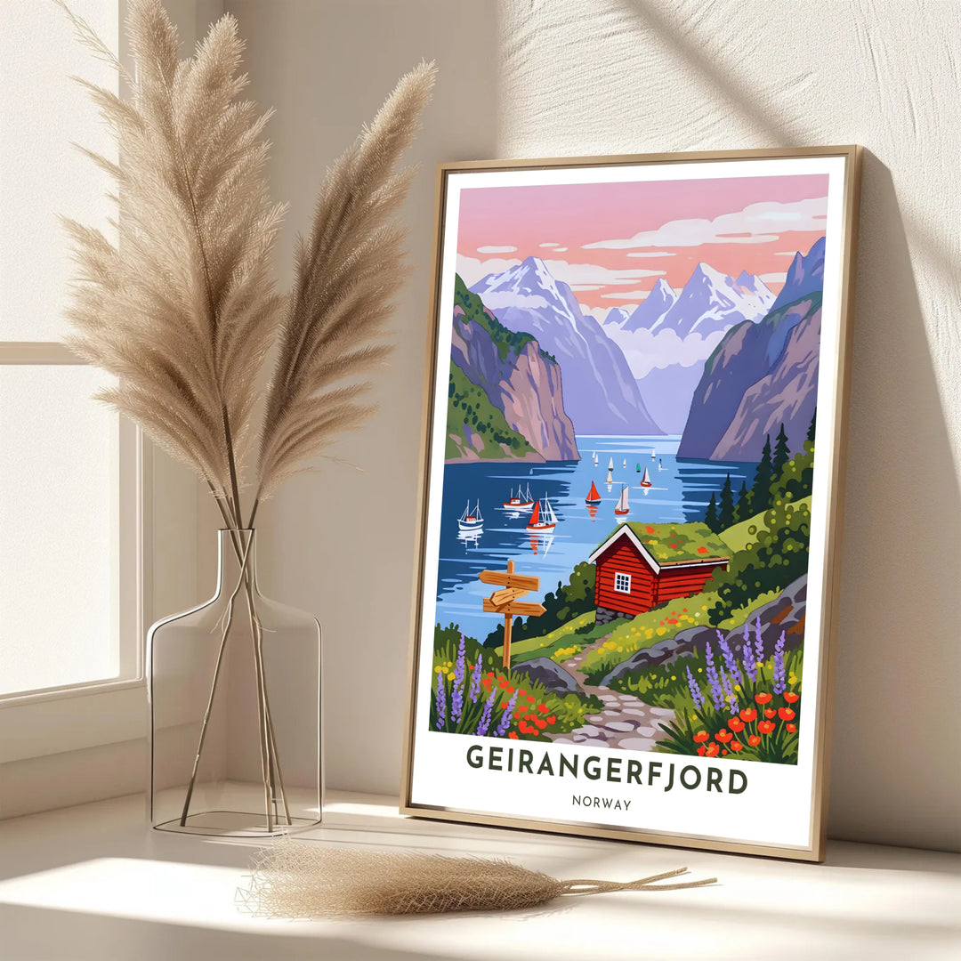 Coastal landscape poster depicting Geirangerfjord in Norway with wooden signposts, stone trails, and sailboats on blue fjord waters. Bring Scandinavian warmth into your living area with this print available in classic unframed print paper, gallery wrapped canvas panels, or fully assembled framed displays.