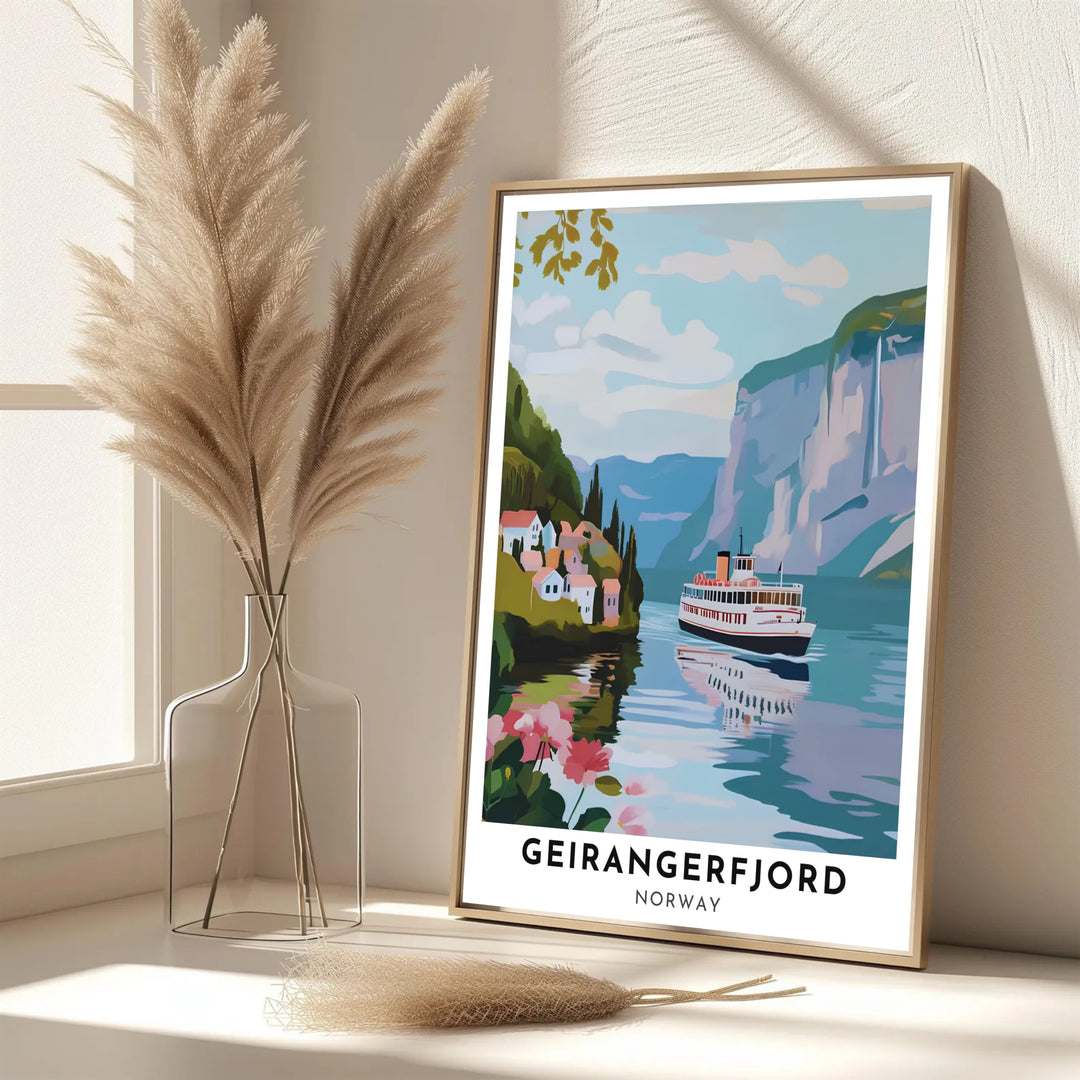 Vibrant travel illustration of Geirangerfjord Norway showcasing a classic passenger ship surrounded by pristine water and cliff scenery. Ideal for creating a feature wall, available in customizable configurations such as unframed art prints, canvas gallery wraps, and durable framed artwork.