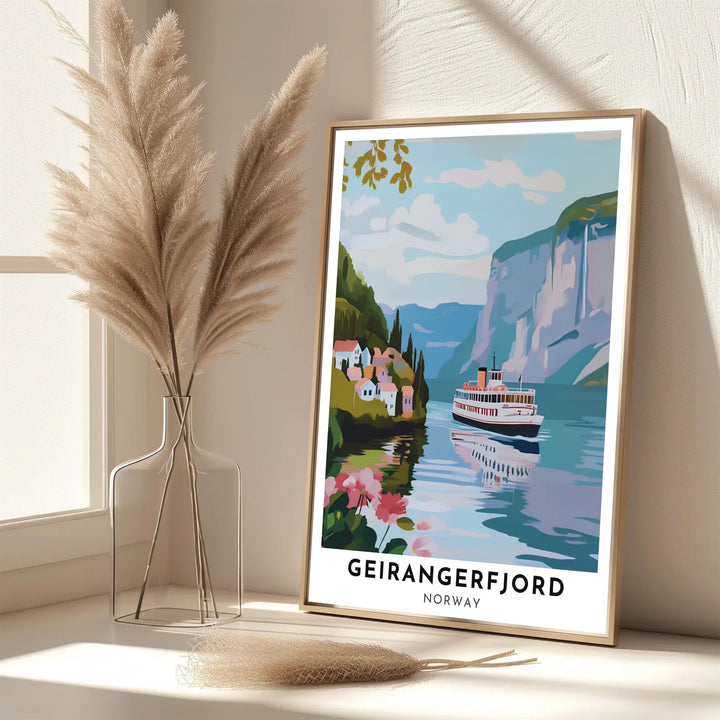 Vibrant travel illustration of Geirangerfjord Norway showcasing a classic passenger ship surrounded by pristine water and cliff scenery. Ideal for creating a feature wall, available in customizable configurations such as unframed art prints, canvas gallery wraps, and durable framed artwork.