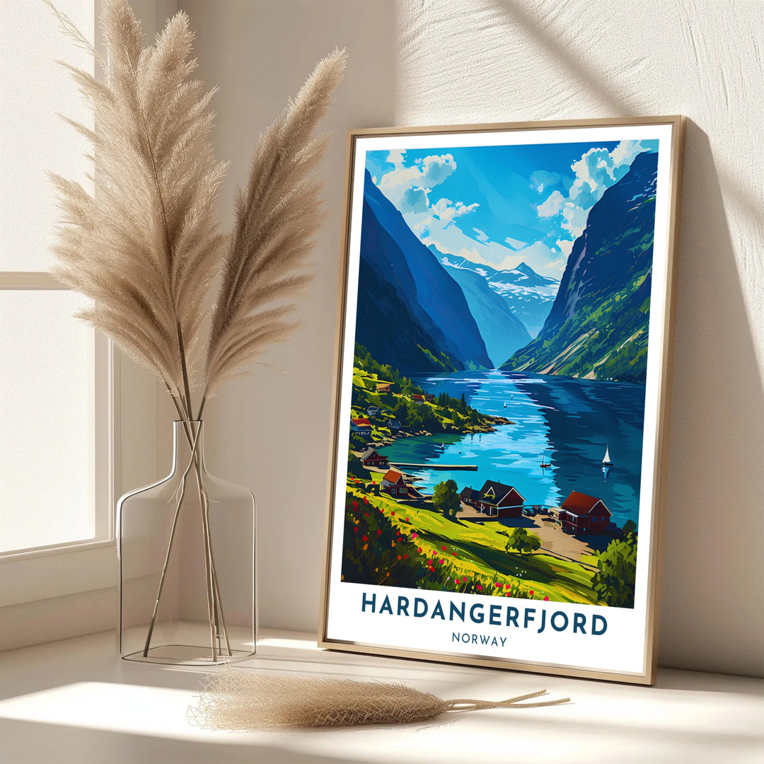 Vibrant travel illustration of Hardangerfjord Norway showcasing a picturesque village setup surrounded by pristine fjord water and mountains. Ideal for creating a feature wall, available in customizable configurations such as unframed art prints, canvas gallery wraps, and durable framed artwork.