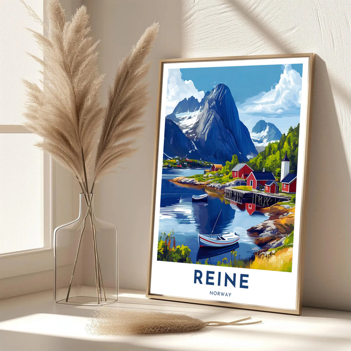 Scenic travel illustration depicting the harbor of Reine Norway with red waterfront cottages and alpine mountain silhouettes under a bright sky. Designed for modern interiors, this piece is offered as an unframed paper poster, solid wood framed print, or gallery wrapped canvas wall decor.