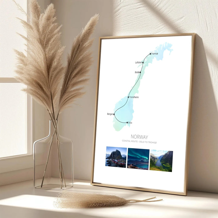 Travel map illustration depicting the coastal route from Oslo to Tromsø in Norway with landmark photography inserts. Designed for contemporary interiors, this piece is offered as an unframed paper poster, solid wood framed print, or gallery wrapped canvas wall decor.