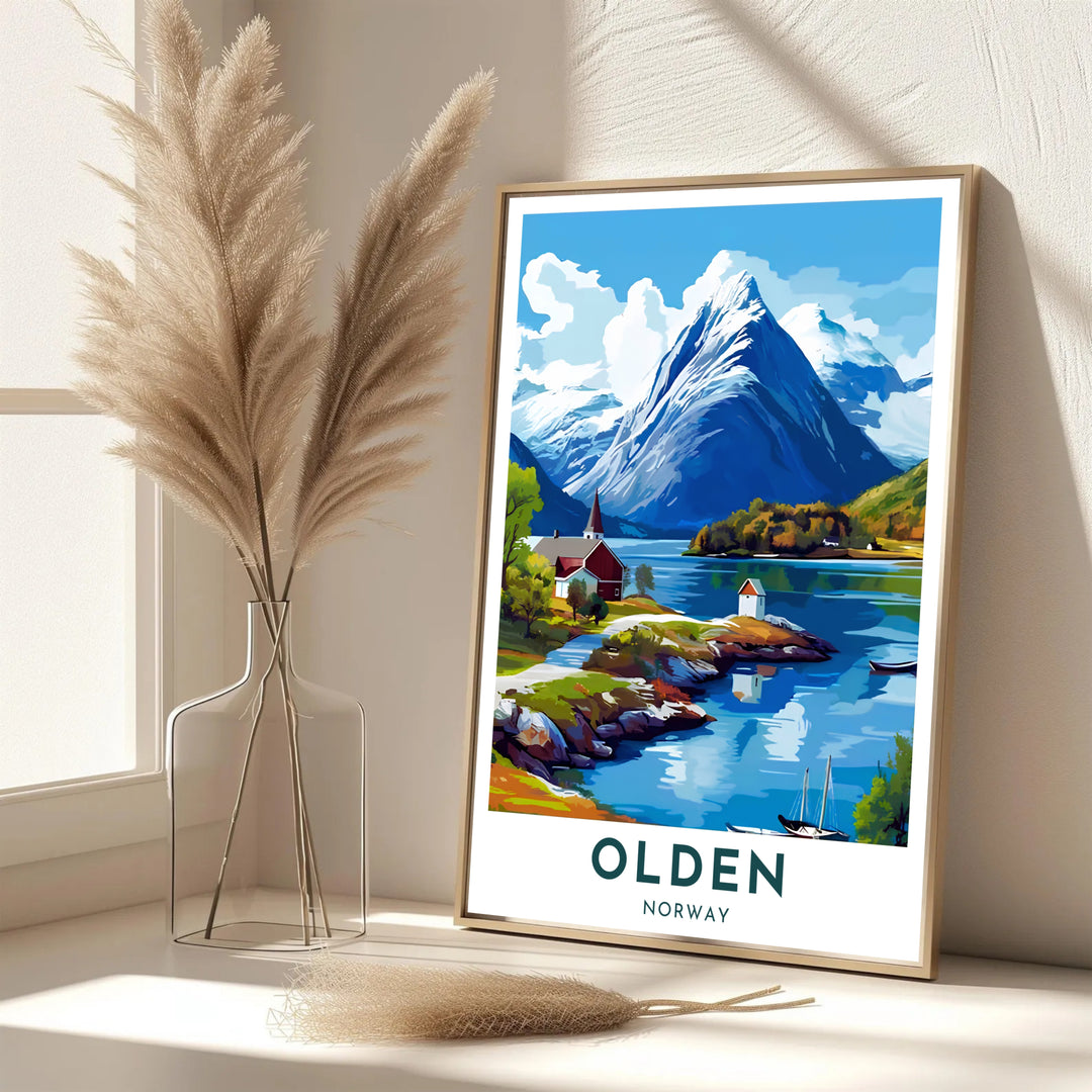 Coastal fjord artwork illustrating Olden Norway with a solitary church spire set against dramatic snowcapped peaks and blue waters. Decorate your home with choices ranging from simple unframed poster paper to sturdy custom wood frames and stretched canvas wall displays.