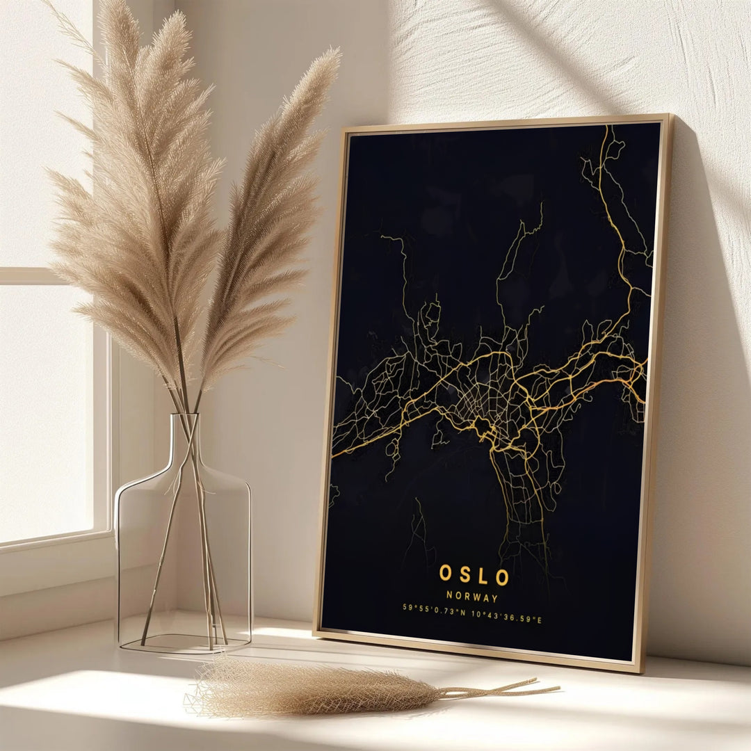 Modern urban cartography poster of Oslo Norway tracing road routes and city boundaries in gold on a rich black background. Decorate your office with choices ranging from simple unframed poster paper to sturdy custom wood frames and stretched canvas wall displays.