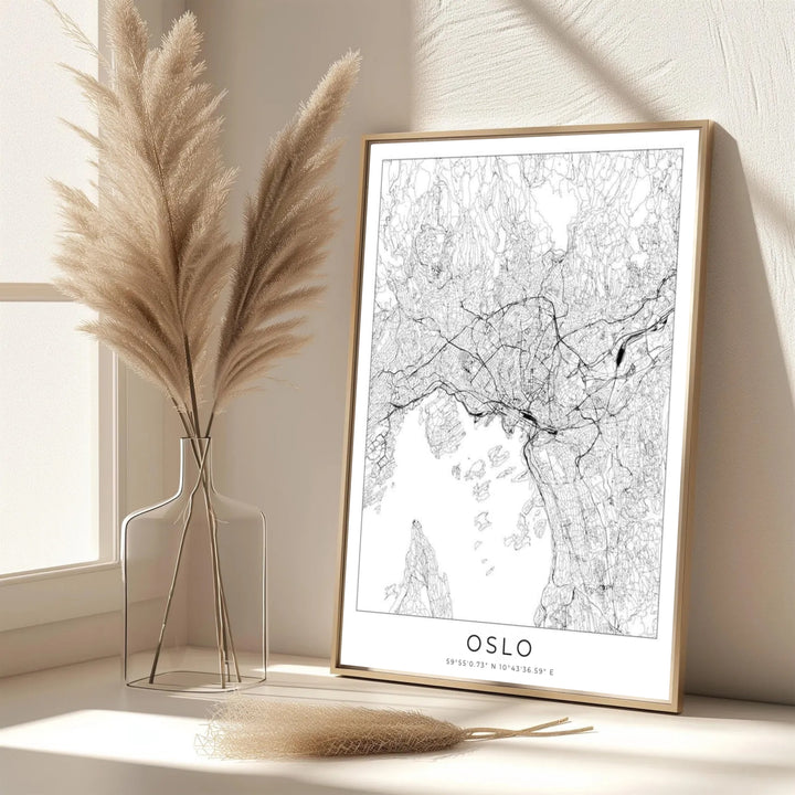 Modern urban cartography poster of Oslo Norway tracing road routes and city boundaries in black on a white background. Decorate your office with choices ranging from simple unframed poster paper to sturdy custom wood frames and stretched canvas wall displays.