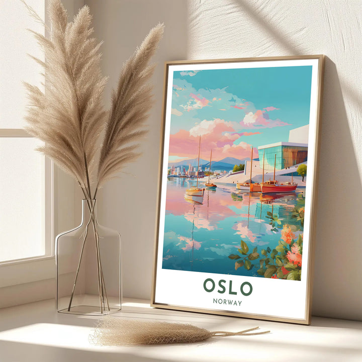 Modern Nordic coastal poster of the Oslo Opera House tracing the geometric white building lines against a serene sunset sea. Decorate your office with choices ranging from simple unframed poster paper to sturdy custom wood frames and stretched canvas wall displays.