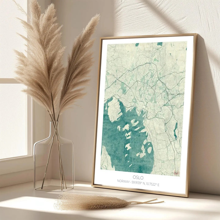 Vintage Nordic coastal map poster of Oslo Norway tracing road routes, harbors, and city boundaries in seafoam and teal blue. Decorate your office with choices ranging from simple unframed poster paper to sturdy custom wood frames and stretched canvas wall displays.