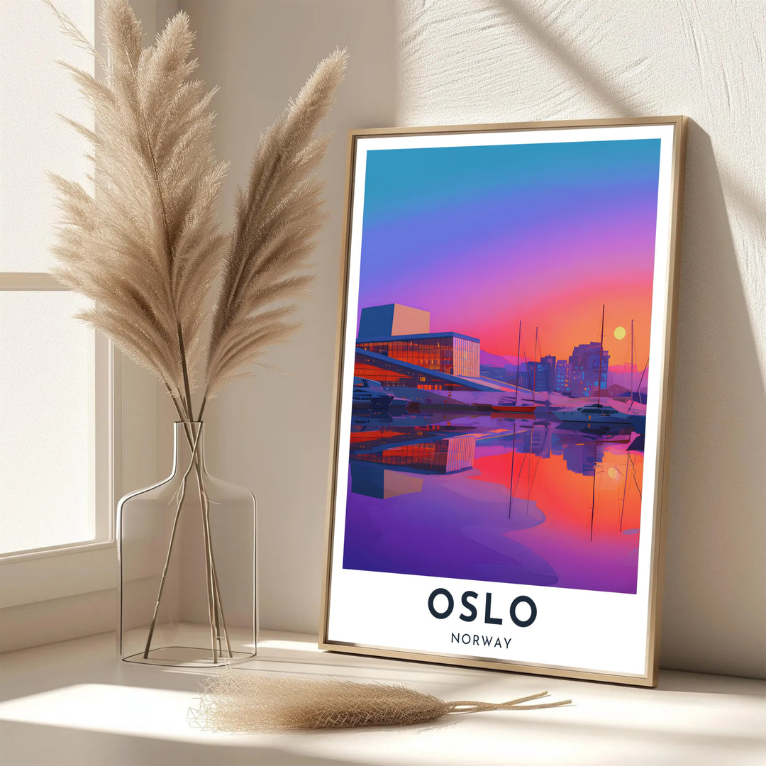 Sleek modern architectural poster of the Oslo Opera House along the Oslofjord coastline under a vibrant orange and magenta twilight sky. Decorate your office with choices ranging from simple unframed poster paper to sturdy custom wood frames and stretched canvas wall displays.