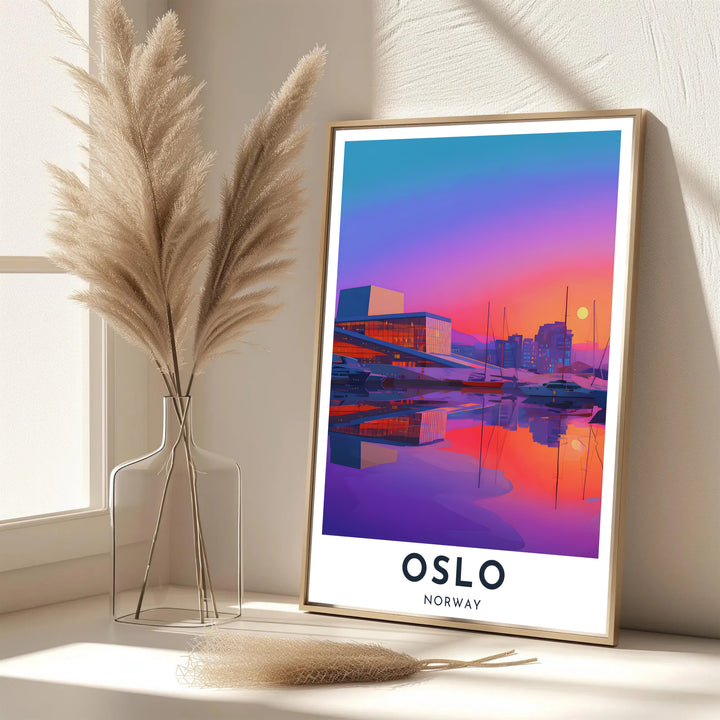 Sleek modern architectural poster of the Oslo Opera House along the Oslofjord coastline under a vibrant orange and magenta twilight sky. Decorate your office with choices ranging from simple unframed poster paper to sturdy custom wood frames and stretched canvas wall displays.