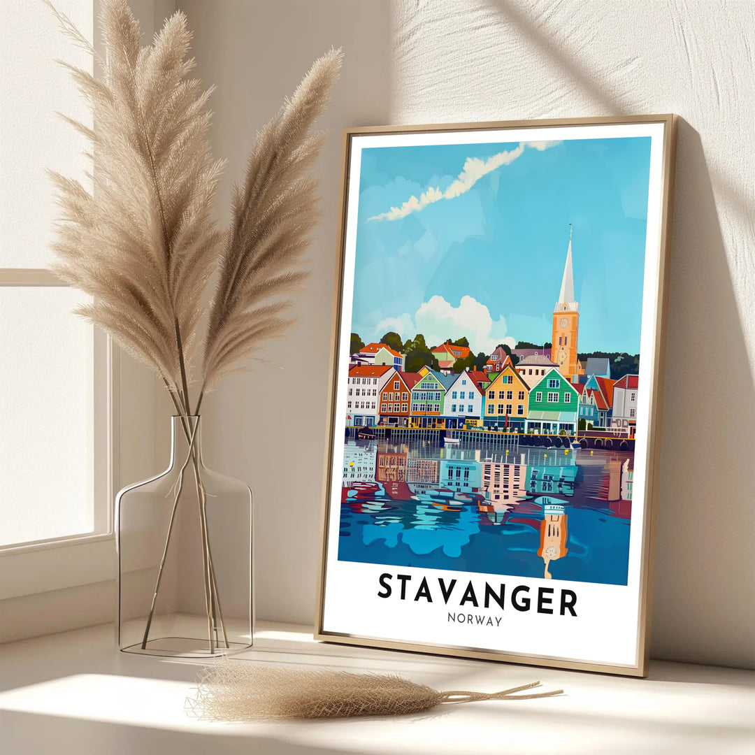 Bright Nordic travel poster of Stavanger Norway tracing the charming timber architecture along the harbor quay with mirrored water art. Decorate your office with choices ranging from simple unframed poster paper to sturdy custom wood frames and stretched canvas wall displays.