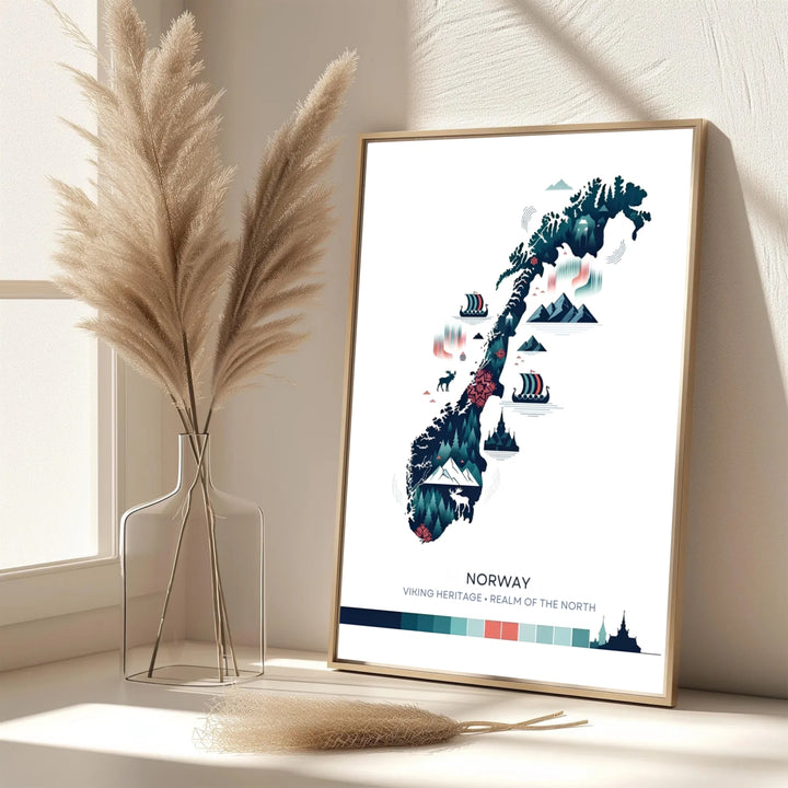 Scandinavian vector map artwork of Norway featuring pine tree fills, snow mountains, reindeer silhouettes, and a bottom color palette strip. Decorate your office with choices ranging from simple unframed poster paper to sturdy custom wood frames and stretched canvas wall displays.