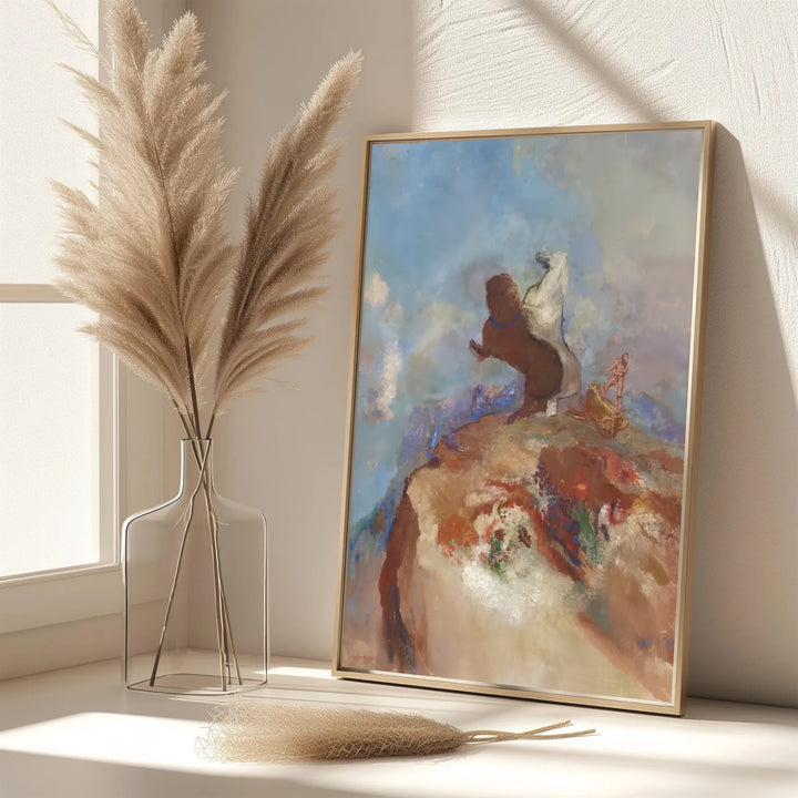 Elegant sun god portrait poster of Odilon Redon Apollo In His Chariot 1905 in Rijksmuseum Amsterdam with an authentic vintage pastel finish. MapYourDreams features custom framed prints, unframed paper wall decor, and gallery canvas options for study rooms, hallways, and living areas.