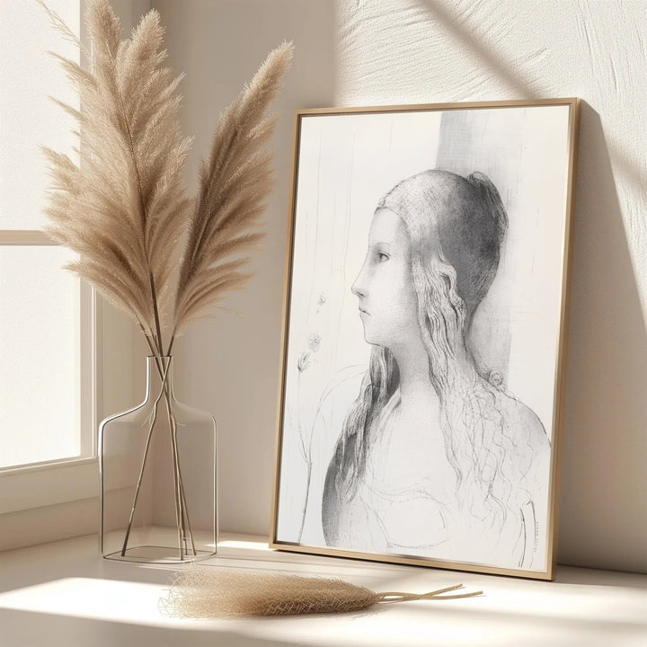 Mythological profile study of Brünnhilde by French artist Odilon Redon from 1894, emphasizing delicate shading. Available from MapYourDreams, art lovers can purchase this piece as an unframed print, encased in custom frames, or on gallery canvas setups.