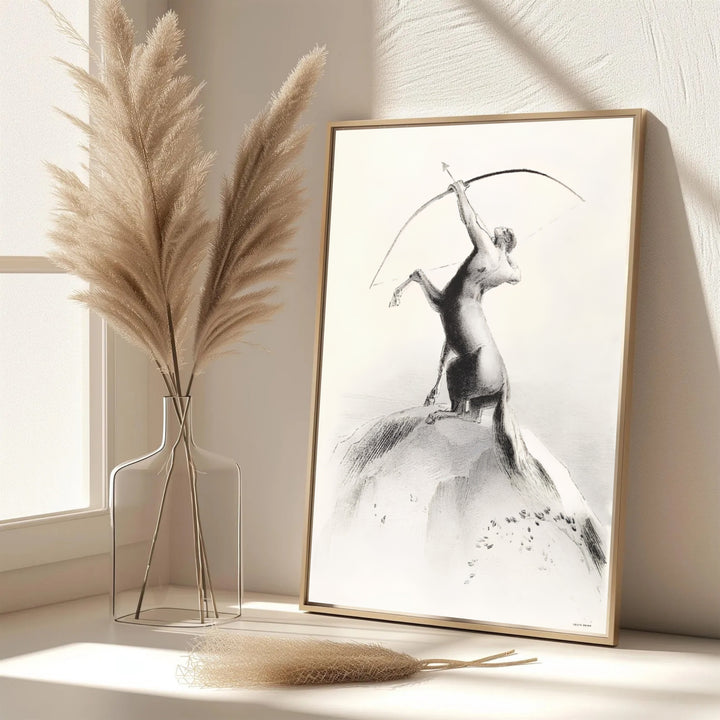 Mythological study of a centaur archer by French artist Odilon Redon in Centaur Aiming At The Clouds 1895, emphasizing dynamic posture. Available from MapYourDreams, art lovers can purchase this piece as an unframed print, encased in custom frames, or on gallery canvas setups.