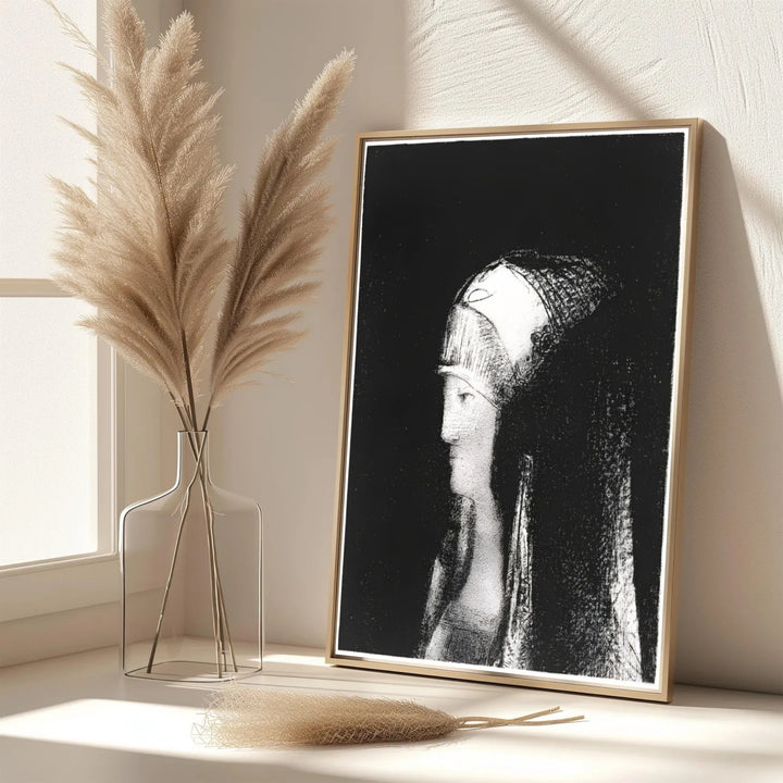 Mythological portrait of a priestess by French artist Odilon Redon in Druidesse 1891, emphasizing serene poise. Available from MapYourDreams, art lovers can purchase this piece as an unframed print, encased in custom frames, or on gallery canvas setups.