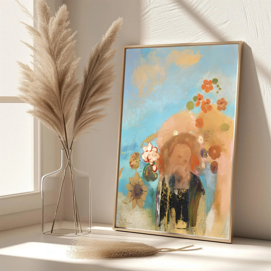 Mythological floral study of a figure by French artist Odilon Redon in Evocation Of Roussel 1912, emphasizing peaceful beauty. Available from MapYourDreams, art lovers can purchase this piece as an unframed print, encased in custom frames, or on gallery canvas setups.