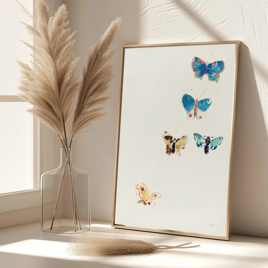 Mythological insect study by French artist Odilon Redon in Five Butterflies 1910, emphasizing graceful weightlessness. Available from MapYourDreams, art lovers can purchase this piece as an unframed print, encased in custom frames, or on gallery canvas setups.