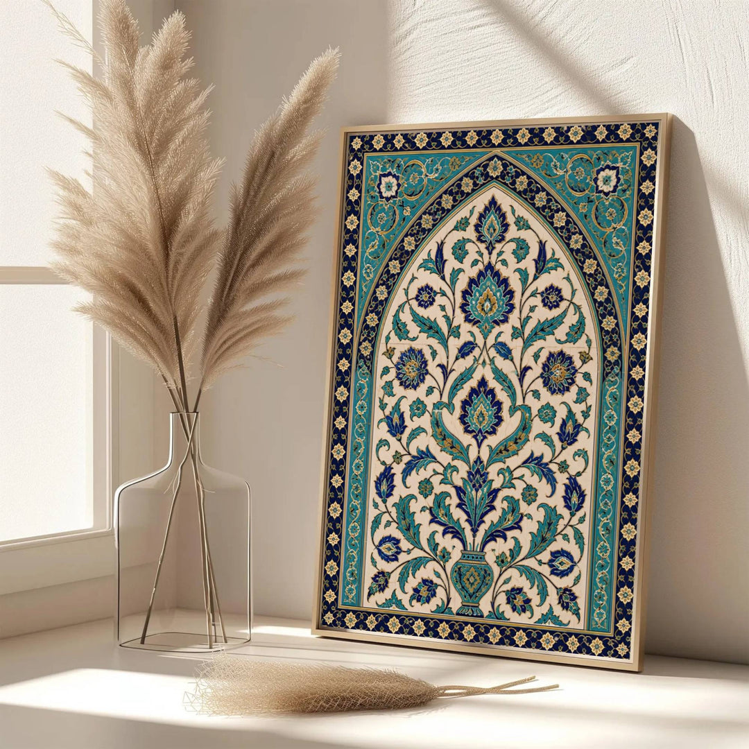Scenic Turkey architecture poster of Iznik tile arch rendered in vibrant cobalt blue tones and warm ivory contrast. Developed by MapYourDreams, this artwork is available in flexible options including unframed paper, custom wooden frames, and gallery canvas wraps for hallway wall decor.