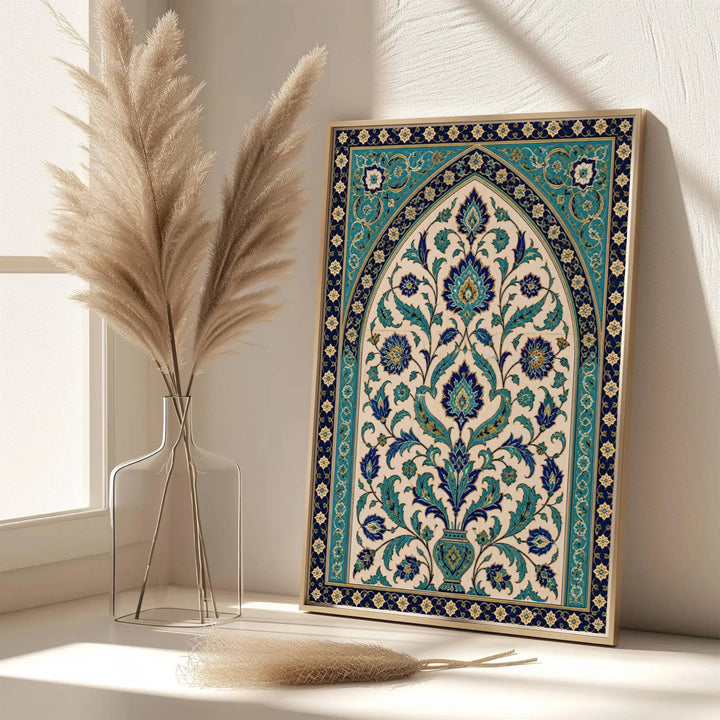 Scenic Turkey architecture poster of Iznik tile arch rendered in vibrant cobalt blue tones and warm ivory contrast. Developed by MapYourDreams, this artwork is available in flexible options including unframed paper, custom wooden frames, and gallery canvas wraps for hallway wall decor.