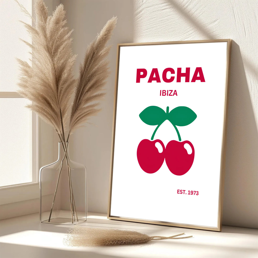 Balearic island summer memory print featuring simple red cherry silhouette for Pacha in Ibiza, Spain, provided by MapYourDreams with options for an unframed paper print, gallery wrapped canvas, or custom framed presentation styles for modern apartments.