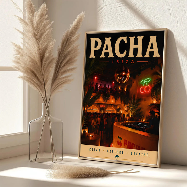 Balearic island summer dance print showing warm interior reflections and palm fronds at Pacha in Ibiza, Spain, provided by MapYourDreams with options for an unframed paper print, gallery wrapped canvas, or custom framed presentation styles for apartment bars.