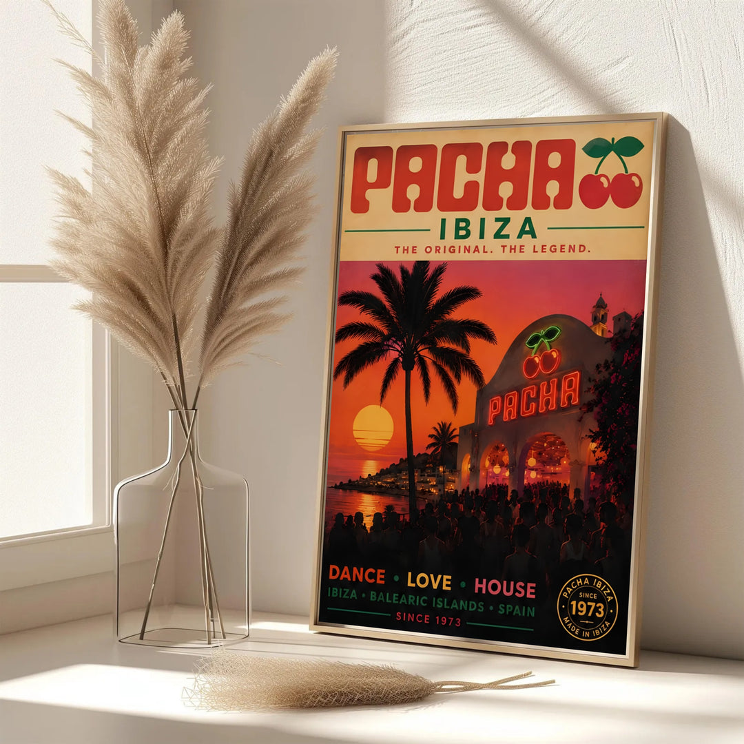 Nostalgic 70s style Ibiza nightlife art print depicting the iconic Pacha cherries neon sign lit up during sunset hours, created by MapYourDreams with options including unframed poster, gallery stretched canvas, or custom framed wall decor.