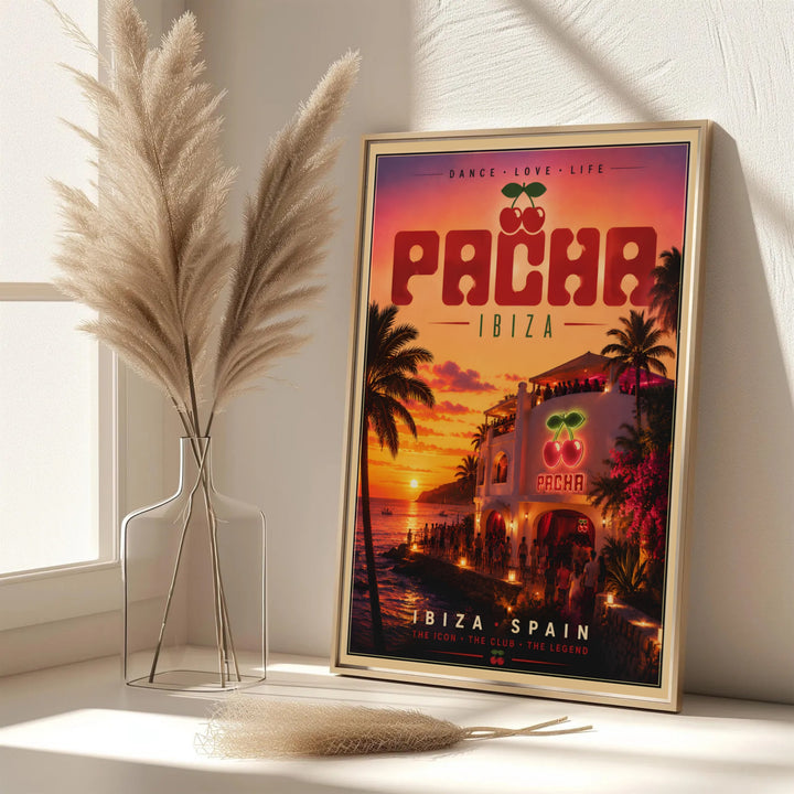 Nostalgic 70s style Spain travel print displaying Pacha Ibiza venue with sunset palm tree silhouettes and bold red headers, created by MapYourDreams with choices including unframed poster prints, gallery stretched canvas, or custom framed wall art.