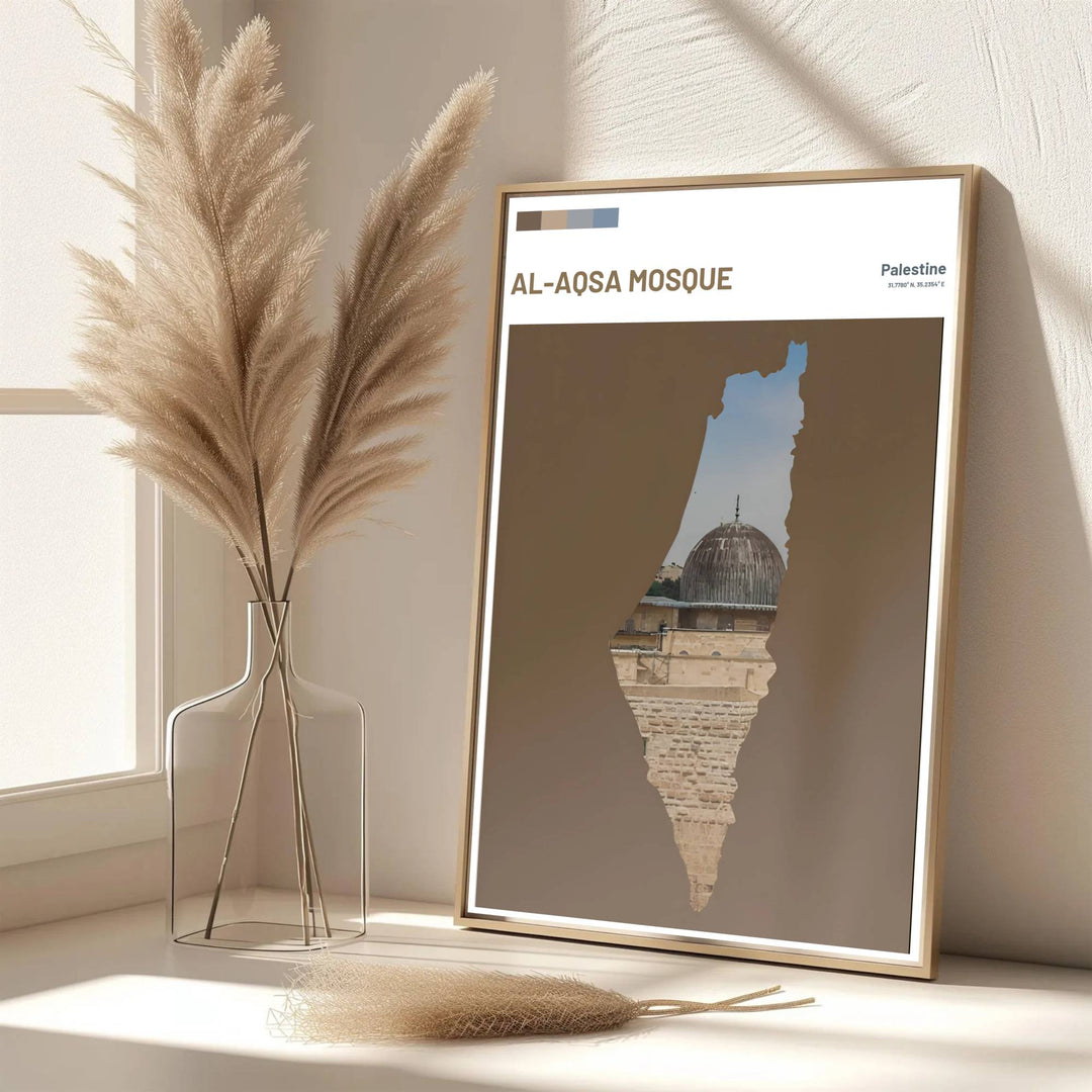 Scenic Palestine architecture poster of Al Aqsa Mosque rendered in warm earth tones and neutral background contrast. Developed by MapYourDreams, this artwork is available in flexible options including unframed paper, custom wooden frames, and gallery canvas wraps for hallway wall decor.