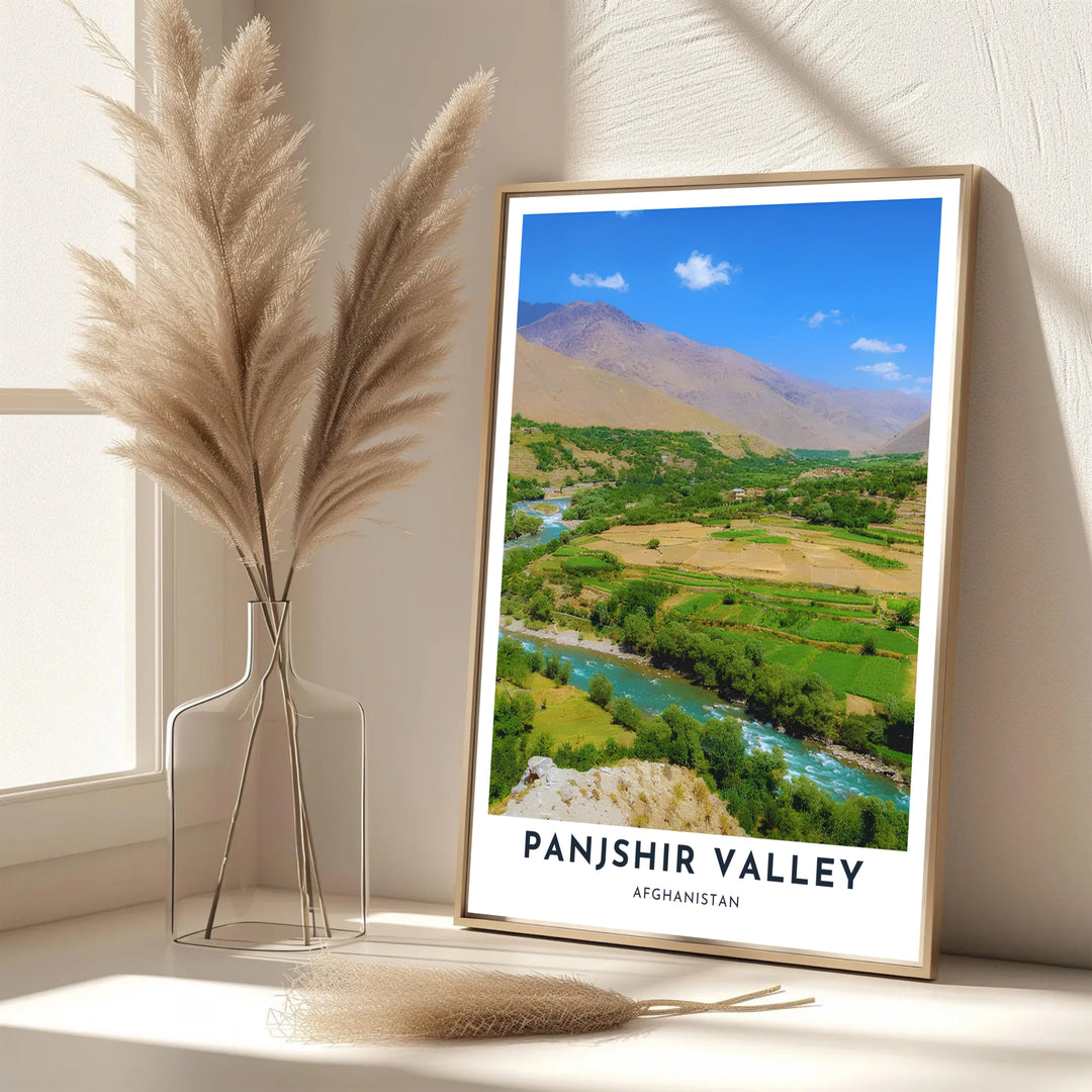Wall art photograph showcasing the rural farmlands, river banks, and Hindu Kush mountains in Panjshir Valley, Afghanistan. Created by MapYourDreams with options for unframed art prints, stretched canvas wall decor, or custom framed prints in gold and classic black frame finishes.