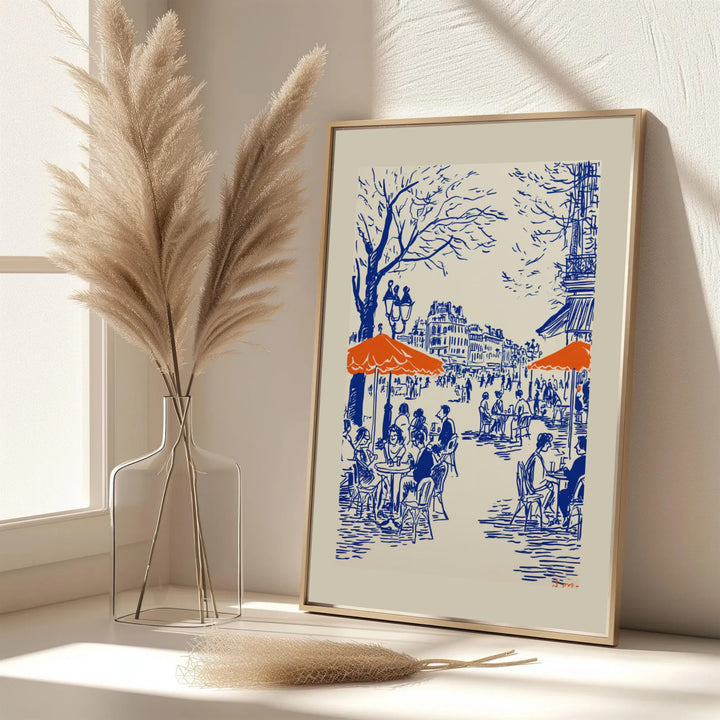 Elegant Paris travel line art poster featuring outdoor restaurant seating along a grand boulevard in Paris France. MapYourDreams features framed, unframed, and canvas print options for wall art.