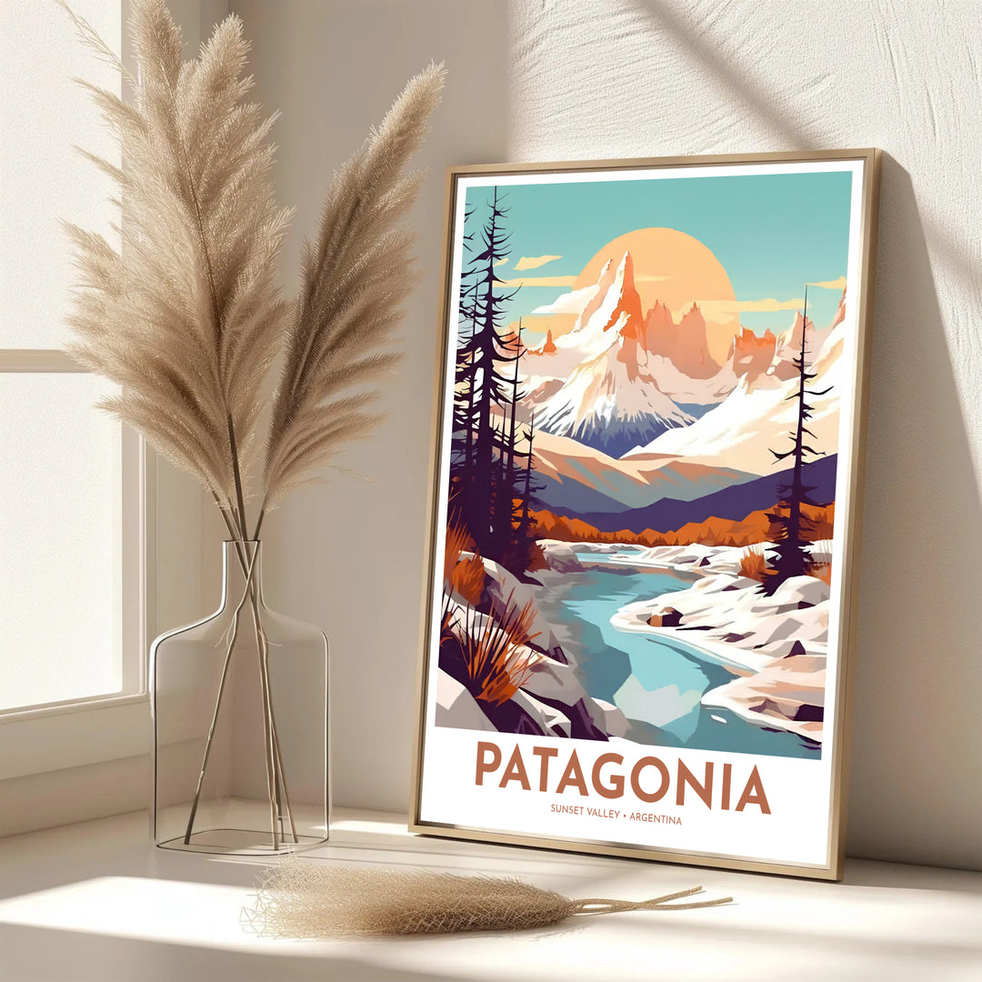 Detailing the winding rivers and snowy terrain of South America under a glowing sun, this Patagonia Mountain poster serves as modern travel-inspired decor, thoughtfully produced by MapYourDreams in unframed paper, wooden frame, and canvas display choices.