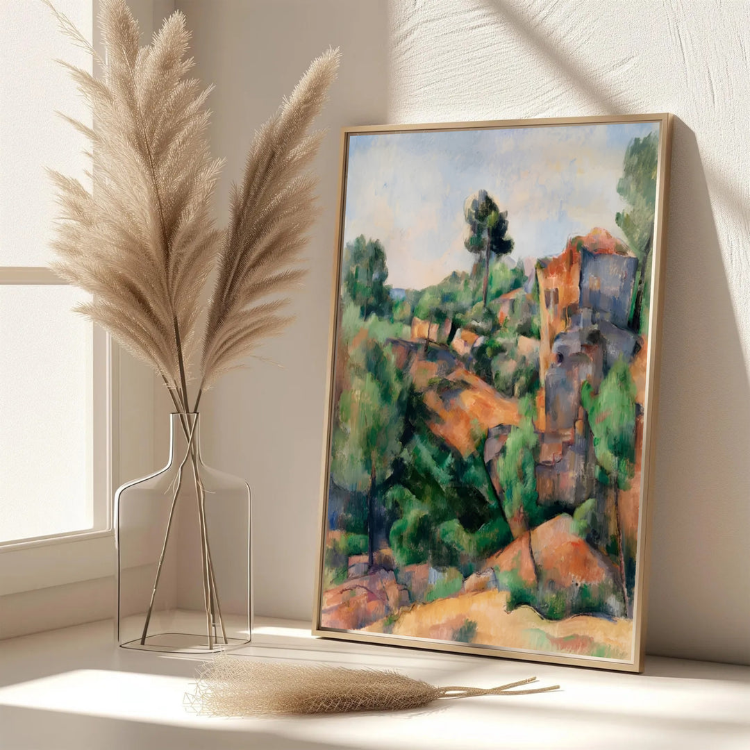 Elegant living room wall art print of Paul Cezanne Bibemus Quarry 1895 displaying detailed rock facets in Aix-en-Provence France. MapYourDreams features custom framed prints, unframed paper wall decor, and gallery canvas options for refined home wall layouts.