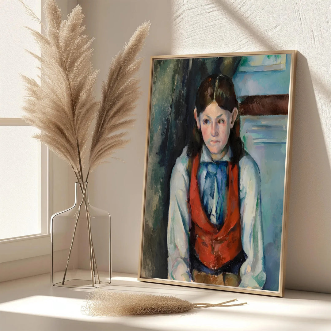 Elegant living room wall art print of Paul Cezanne Boy In A Red Vest 1888 displaying detailed fabric textures in Paris France. MapYourDreams features custom framed prints, unframed paper wall decor, and gallery canvas options for refined home wall layouts.
