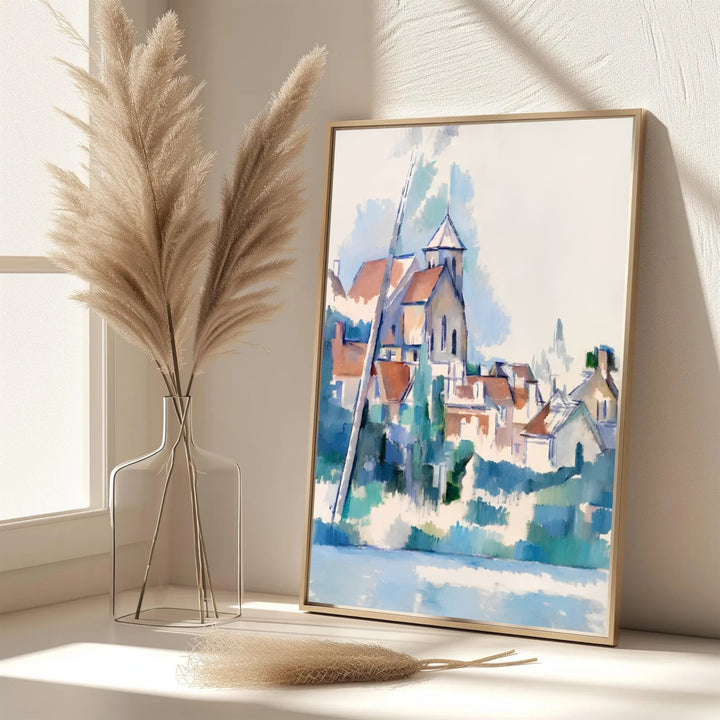 Elegant living room wall art print of Paul Cezanne Church At Montigny Sur Loing 1898 displaying airy blue skies and village architecture in France. MapYourDreams features custom framed prints, unframed paper wall decor, and gallery canvas options for refined home wall layouts.